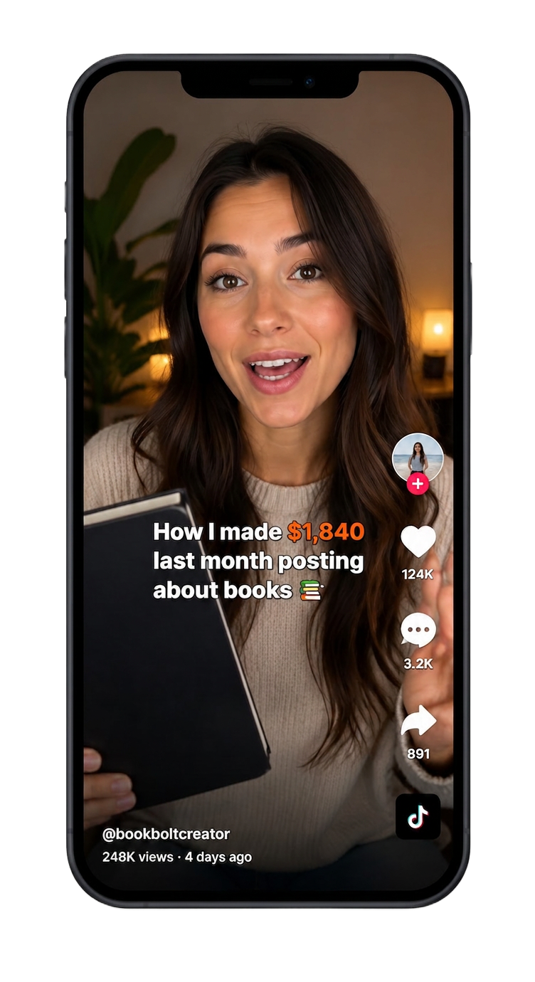 Creator on TikTok showing how she made $1,840 last month posting about books